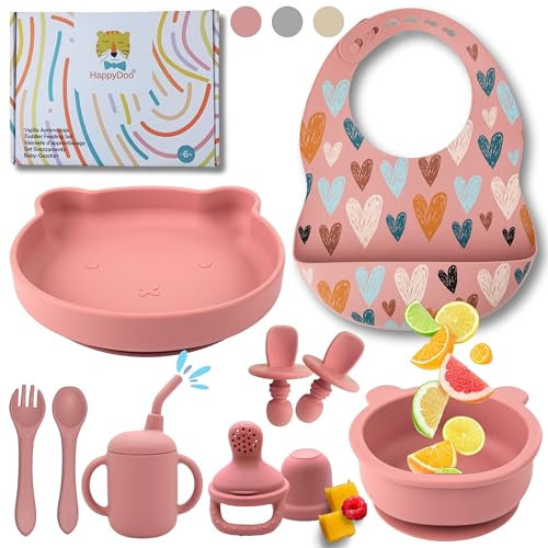 HappyDoo | Coffret Repas Bebe | 12 Pièces | Assiette Ventouse pour Bébé | Couverts Bébés | Bavoir et Bol | Tasse | Cadeau Grignoteuse Bébé | Vaisselle Bebe Sans BPA | Dans un Coffret Cadeau