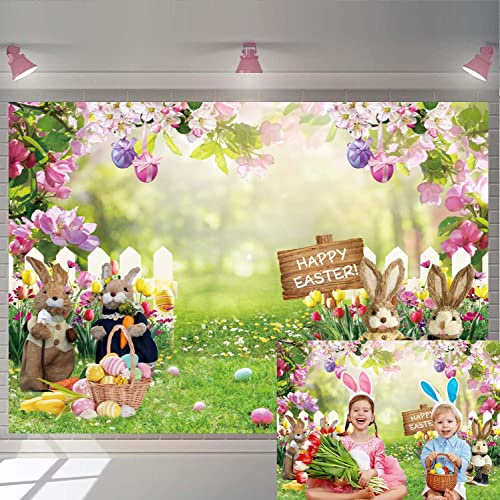 Frühling Ostern Fotografie Hintergrund Ostern Bunte Eier Garten Zaun Grün Gras Hase Dekoration Kinder Neugeborene Baby Geburtstag Party Hintergründe (7 x 5 Fuß: 213,4 x 152,4 cm)