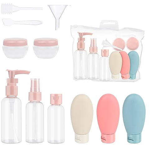 11 Pièces Flacons de Voyage,Portable Bouteilles de Voyage en Silicon,Recharges à Preuve de Fuite Rechargeables,Conteneurs de Voyage pour Crème Solaire,Voyage Cosmetique Vide avec Sac Transparent