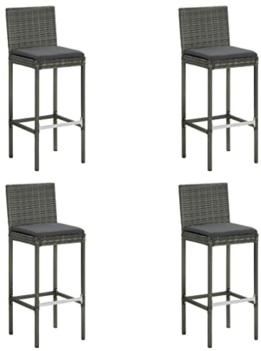 vidaXL Garten Barhocker mit Kissen 4 STK., Barstuhl mit Stahlrahmen, Tresenhocker für Garten Terrasse, Küchenhocker, Grau Poly Rattan