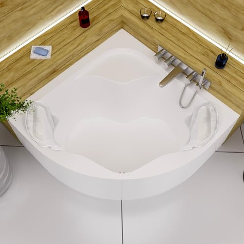 ECOLAM Vasca da bagno angolare Selma 150 x 150 cm grembiule + 2 cuscini Mare | vasca angolare di qualità in acrilico | scarico e troppopieno automatico set di piedini