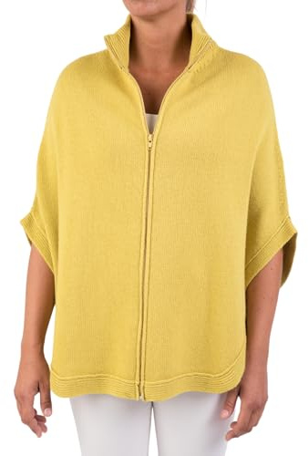 Marenza Poncho Zip Misto Cashmere Doppio Filo Donna Made in Italy Lana Merino Cachemire cerniera Nero Beige Bianco Blu Grigio Maglia Mantella Scialle Taglia Unica (Giallo)