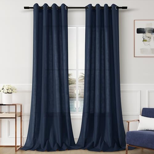 Aersas Navy Blue Linen Curtains 105 Inches Long for Patio Sliding Glass Door Living Room 2 Panels Custom Drape Grommet Semi Sheer Light Filtering Modern Curtains 105 Inch Length for Bedroom