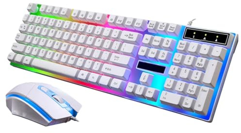 Tastiera e Mouse da Gioco USB 104 Tasti Bianco Atmosfera Natalizia | Retroilluminazione Led, Effetto Meccanico, Plug And Play senza Driver, Plastico Leggero Mouse Incluso