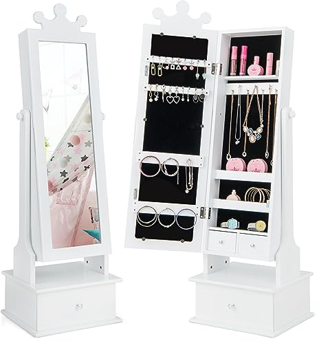 GYMAX Armadietto Portagioie per Bambini con Specchio, Specchiera per Bambini con Cassetti, Rivestimento Protettivo e Inclinazione Regolabile, per Bambini 3+ Anni, 34 x 30 x 103 cm (BIANCO)