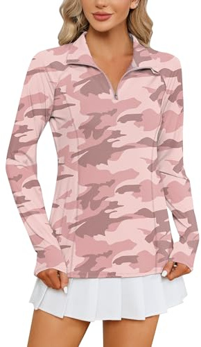 LOMON Womens Workout Tops Long Sleeve 1/4 Zip Uv Sun Protection Quick Dry Hiking Athletic Shirts Rash Guard Upf50+（Pink Camouflage,M）