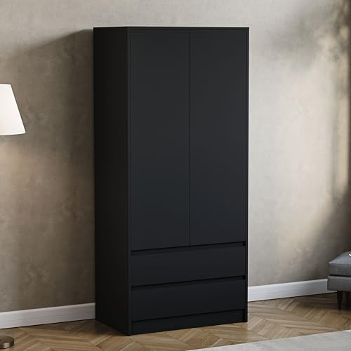 Vida Designs Denver 2 Door & 2 Drawer Wardrobe | Black | Bedroom Furniture | 174H x 76W x 53D cm | with Spacious Drawers & Hanging Rail | Large Capacity Storage