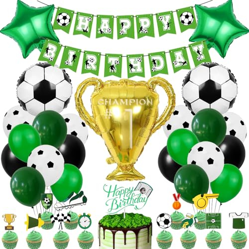 Fussball Geburtstag Deko, Luftballon Geburtstag Grün Fußball Deko, Geburtstagsdeko Jungen Fußball, Fußball Folienballon Champion Trophäe Ballon Set für Fussball Party Kindergeburtstag
