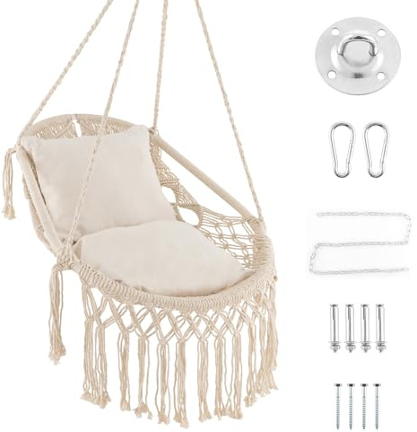 DREAMADE Hängesessel 150kg belastbar, Hängesitz Hängestuhl für Indoor & Outdoor, Hängeschaukel mit 2 Kissen für Kinder & Erwachsene, Beige