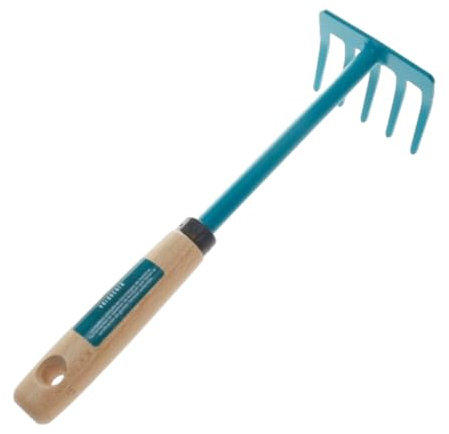Verdecora Rastrillo de Mano con Mango de Madera | Herramienta de Jardinería | Robusto y Ergonómico | Ideal para Limpieza y Acondicionamiento del Suelo