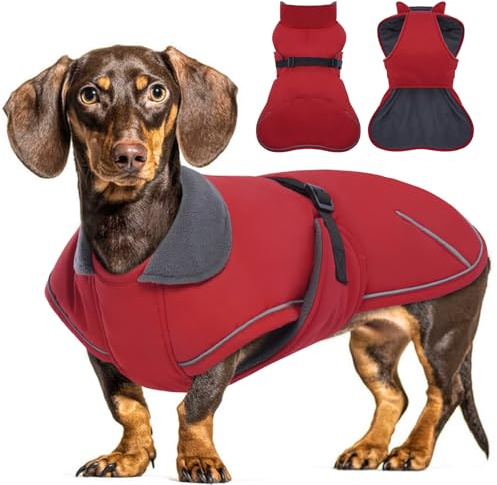 Hjyokuso Hundemantel Dackel, Winddichter Wasserdichter Wintermantel Für Kleine Hunde S, Hundemantel Winter Mit Bauchschutz Und Leinenloch, Winterjacken Für Hunde - Rot