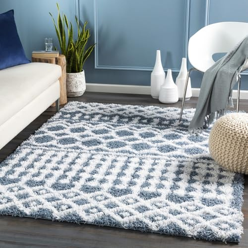 Livabliss Nour Dubai Shaggy Carpet 130x170 cm, Soft Plush Thick Pile for Living Room & Bedroom, Neutral Berber Boho Design, Easy Care, Dark Blue White