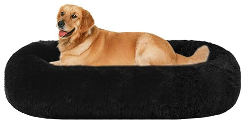 HMTOPE Orthopädisches Hundebett Grosse Hunde, Donut Kissen Waschbar, Ø100cm | Flauschig Hundesofa mit Egg-Crate Schaumstoff, XL Langer Plüsch Rund, Kuscheliges Hundekorb, Abnehmbar Bezug, Schwarz