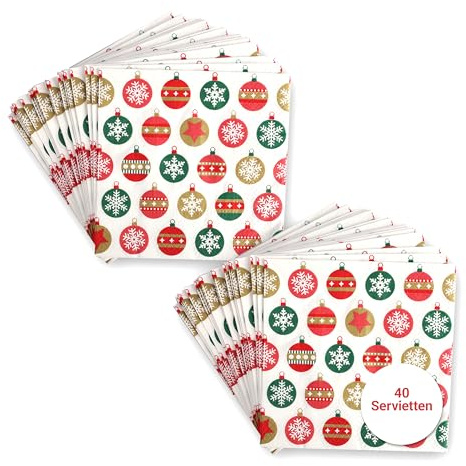 MiCasa SuCasa Weihnachtsservietten (40) – Servietten 33x33cm – 3-lagig mit Weihnachtsbaumkugel Motiv – Chlorfrei gebleicht – Farben auf Wasserbasis – Ideal für Tischdeko & Party