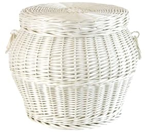 MyBer® Pouf Hocker aus Weide mit Stauraum, Deckel und Griffen rund weiß Wäschebox Weidenkorb Deko Korb Box Handarbeit K7-148-W