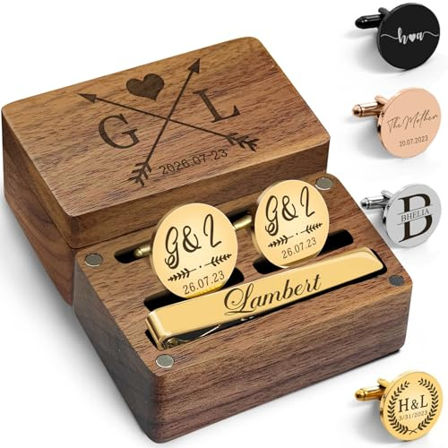 Personalised Cufflinks for Men Initials Custom Cuff Links Tie Clip Set with Engraved Wood Box Customized Wedding Logo Cufflinks for Son Dad Groom Best Man Groomsmen Gifts Set