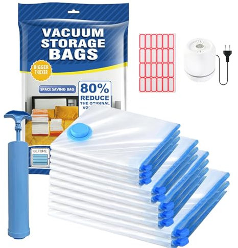 Bolsas Vacio Ropa,Con Bomba Eléctrica Portátil, 10 Bolsas de Vacio Para Ropa (2 Extra Grandes, 3 Grandes, 2 Medianas y 3 Pequeñas) Guarda Ropa y Ropa de Cama Variadas, Adecuado Para Viajes y Familia.