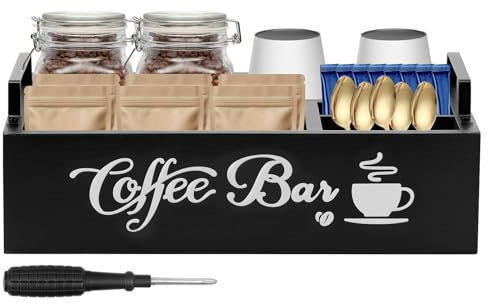 VAVPUP Organizer per Stazione di Caffè in Legno, 4 Scomparti, Stabile, Facile da Pulire, per Accessori da Bar e Caffè, Salvaspazio per Piano di Lavoro