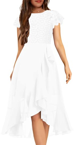 HOSIKA Girls White Dress Flower Lace Chiffon Flutter Sleeves A-Line Maxi Wedding First Communion Dresses for 10-11 Years
