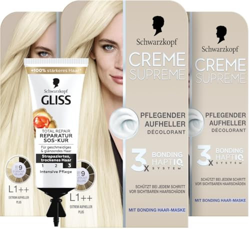 Schwarzkopf Creme Supreme L1++ Extrem Aufheller Plus (3x 182 ml), pflegender Aufheller mit Serum und Haar-Maske & SOS-Intensiv-Kur Total Repair (15 ml), Haarkur mit Keratin