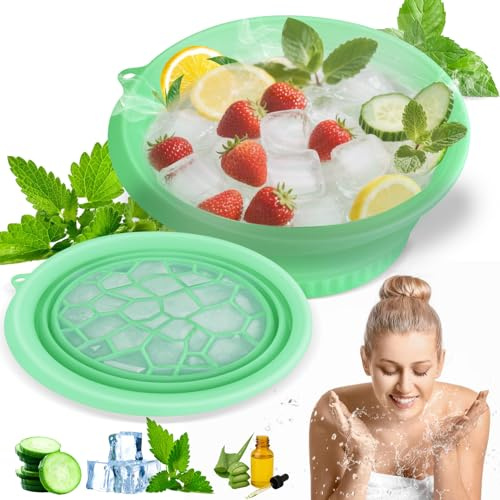 Face Bowl for Ice Silicone Collapsible Bowl - with Built-in Icetray, Portable for Home, Camping & Travel - Large Wash Basin for Face Ice Bath, Cold Tub & Water Chiller (Green)