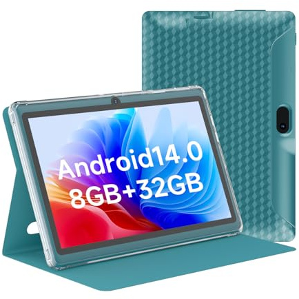 HOTTABLET Tablette 7 Android 14.0 avec étui de protection, 8 Go (4 + 4 Go extension) RAM + 32 Go de ROM, écran IPS, double caméra, Bluetooth 5.0 WiFi Tab (bleu marine)