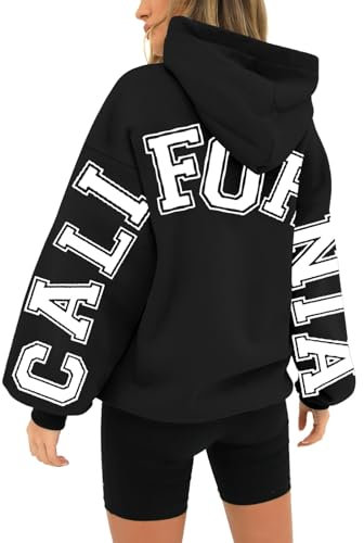 HUIFUAO California Pink Palm Puff Hoodie Women Oversized Long Sleeve Pullover Backprint Streetwear Fashion Loose Teen Girl Tops with Pocket Z01 Black