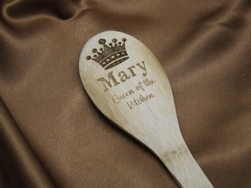 Handmade Wooden Engraved Personalised Stirring Spoon - Queen of The Kitchen with Coronet
