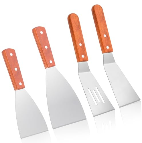 Akamino 4 Pcs Stainless Steel Spatula Set, Heavy Duty Slotted Turner Flat & Griddle Spatula with Wood Handle, Large Metal Spatulas for Kitchen Cooking, Eggs, Steak, BBQ
