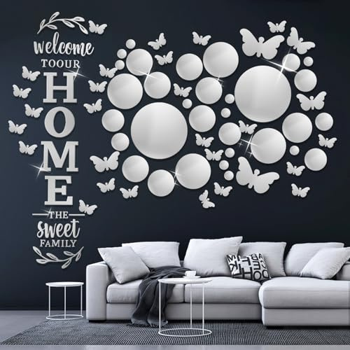 DIYJEP Miroir Acrylique Adhésif Autocollant Mural, Autocollant Miroir Amovible 3D Papillon Alphabet Home DIY Autocollants Rond Argenté pour la Maison Chambre Salon Salle de Bains Décoration