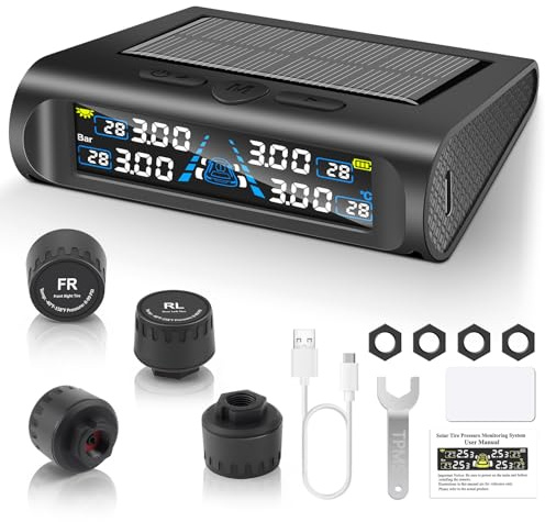 Liwogi Tpms Reifendrucküberwachungssystem mit 4 Reifen, Auto Reifendruckprüfer mit Alarmmodus Solar/USB-Laden für LKW ELV Wohnmobil, 0-6.8Bar/0-99 PSI,Dynamische Spur