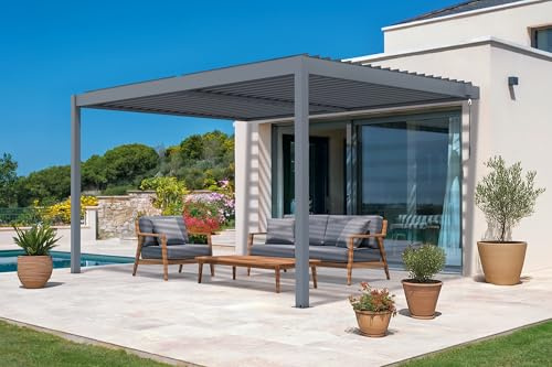Cazeboo Pérgola bioclimática adosada Piana de 4x3 m en Aluminio Gris con 3 contraventanas para Mayor privacidad.