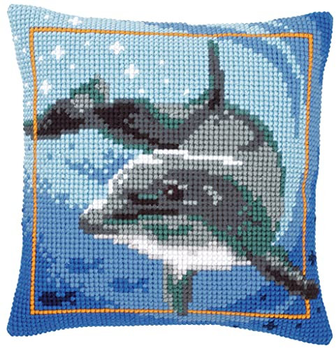 VERVACO Kreuzstich Stickpackungen Kissen Stickerei Set Anfänger Vorgedruckt Delfin DIY Set Kreativ Set Für Erwachsene Dekoratives Kissen ca. 40 x 40 cm Bastelset Handwerker Haus Dekoration
