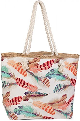 styleBREAKER Strandtasche Feder Set Kosmetiktasche 47x32x15cm | Inkl Kosmetiktäschchen 16x11cm. Reißverschluss. Henkel 60cm. Hauptfach groß. Boho Style. weiche Tragegurte.