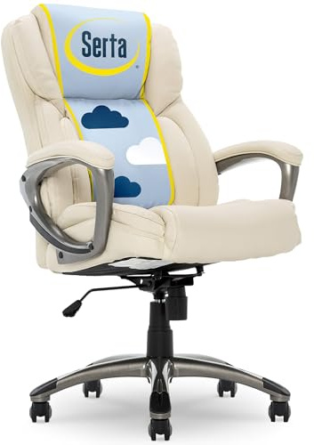 Serta Garret Executive Office Chair, Ergonomic Mid-Back with Lumbar Support, Semi-Plush Cushion and Body Pillows, Padded Armrests, Swivel Base, Bonded Leather, Ivory White