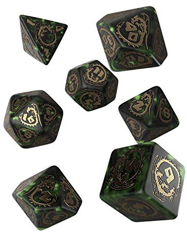 Q WORKSHOP Drakflaska grön & guld RPG utsmyckade tärningar set 7 polyedriska delar