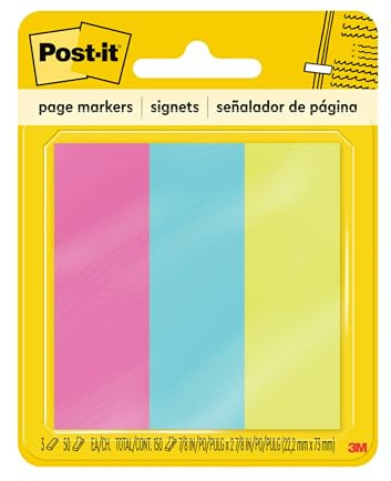 Post-it Sticky Page Markers, Assorted Bright Colors, 7/8″ x 2-7/8″ Repositionable Tabs, Writable Sticky Strips for Books & Documents, 3 Pads (50 Sheets Each), 150 Markers Total