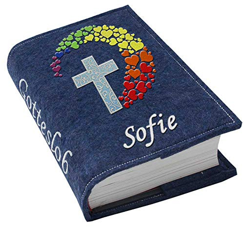 Gotteslob Gotteslobhülle Großdruck Kreuz Herzen Regenbogen Filz mit Namen bestickt hellgrau weiß dunkelgrau lila blaugrau dunkelblau türkis maigrün flieder, Farbe:dunkelblau meliert