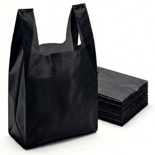 Tezraftaar® 200 x Vest Carrier Bags 11 x 17 x 21 Black Heavy Duty Carry Bags for Groceries Vegetables Fruits Storage Supermarket Stalls Takeaway
