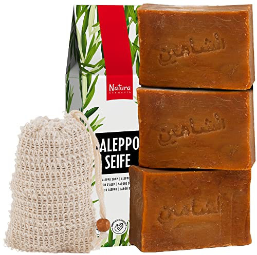 Natura Germania® 3x je ca. 200 gr (ca. 600 gr) original Aleppo Seife Set 80% Olivenöl / 20% Lorbeeröl + Sisal Seifensäckchen | Bekannt aus dem Öffentlich-rechtlichen - Naturseife
