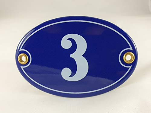 Emaille Hausnummer Schild Nr. 3, oval, Blau-Weiß Handarbeit