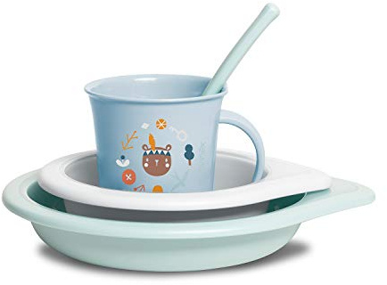Suavinex, Set di stoviglie per bambini composto da piatto + ciotola + tazza + cucchiaio, 4 pezzi, a partire da 6 mesi, lavabile in lavastoviglie, microonde, foresta blu