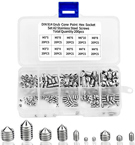 200 Stück Madenschraube Kegelspitze M3 M4 M5 M6 M8 Kegelspitze der Schraube ohne Kopf Innensechskant Innensechskant Tasse Edelstahlgewinde Sechskantschraube mit Lochspitze