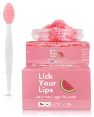 Watermelon Sugar Lip Scrub for Women Dry, Cracked and Dark Lips – Lip Scrubber Exfoliator & Organic Lip Scrubs Exfoliator and Moisturizer with Lip Brush – Vegan, Cruelty-Free Lip Care Products (20g)