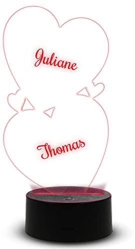 GRAVURZEILE Graviertes Acrylglas mit LED-Sockel - Doppel Herz Design - Personalisiert mit Namen - inkl. LED-Sockel mit 7 Farben - Geschenk für Freund Freundin zum Valentinstag - für Sie & Ihn