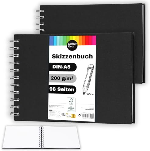 perfect ideaz - 2 x Skizzenbuch DIN-A5 Quer, Spiralbindung, FSC® zertifiziert, 96 Seite (48 Blatt), Hardcover Schwarz, Sketchbook, 200 g/m² dickes Papier, säurefrei (2 Skizzenbücher)