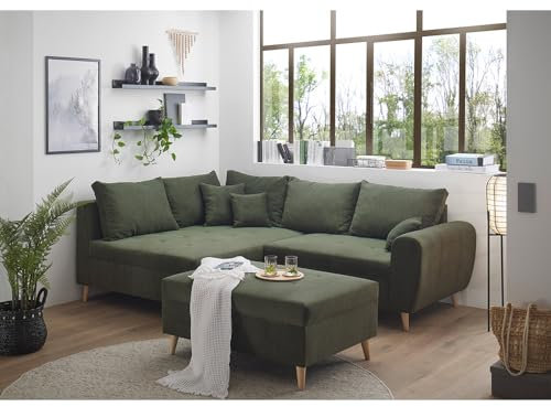 Lomadox Ecksofa mit Hocker und 8 Kissen in grün modern | L-Form mit Recamiere Links