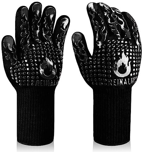 Reinalin Guantes Barbacoa Cocina Resistente al Calor hasta 800 ° C Guantes de Piel para Barbacoa Guantes de Cocina de Silicona Antideslizante para cocinar, soldar, Chimenea (Negro)