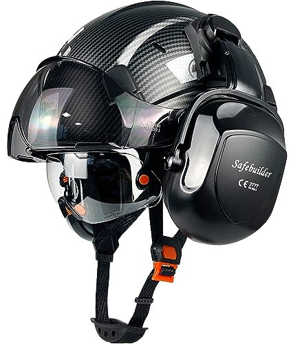 SAFEBUILDER Safety Helmet With Goggles Ear Muffs Work at Hight Carbon Fiber Abs Hard Hats For Industrial Construction Head Protection ANSI Z89.1 Approve (01-Matte Black+Clear&Tinted Goggle+B07Earmuff)