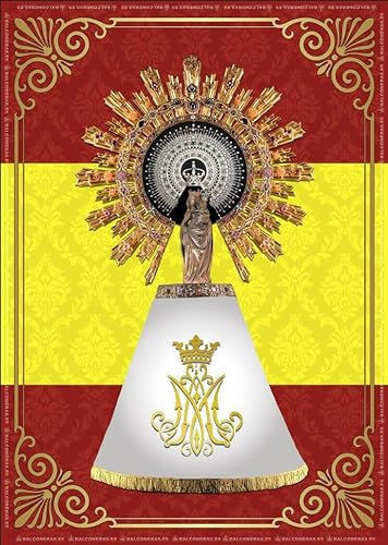 Balconera Virgen del Pilar sobre Bandera de España | Colgadura Decoración Fiestas del Pilar España | 70×100 cm | Ancestrad